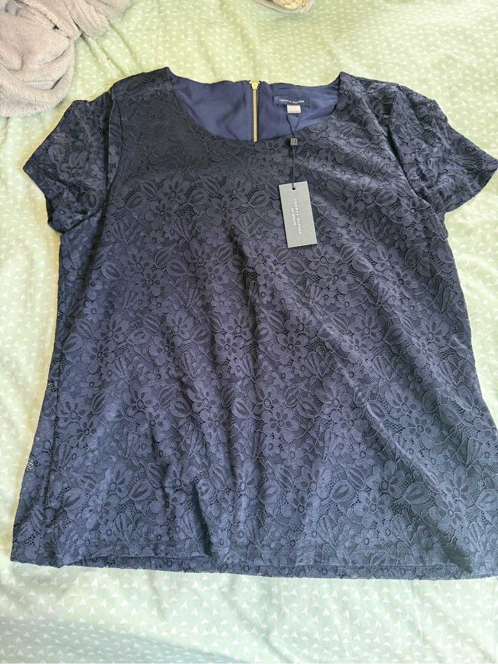 Tommy Hilfiger Navy Floral Lace Short Sleeve Blouse
